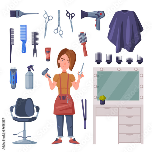 Female Hairdresser with Professional Tools and Barber Supplies for Styling Haircut Cartoon Vector Illustration