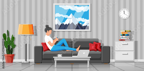 Interior of modern living room. Freelancer on sofa working at home with smartphone. Woman chilling on couch. Hipster character in jeans and t-shirt. Flat vector illustration