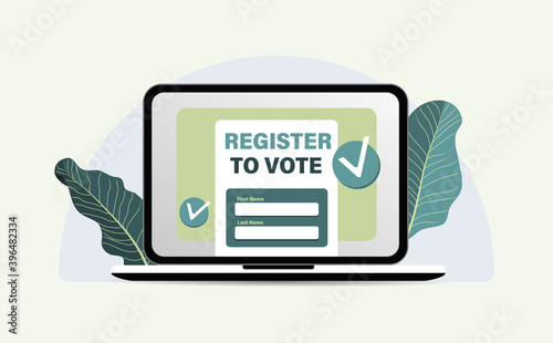 Register online to vote. Elections, democracy,participation,vote,concept. Flat vector banner, poster.