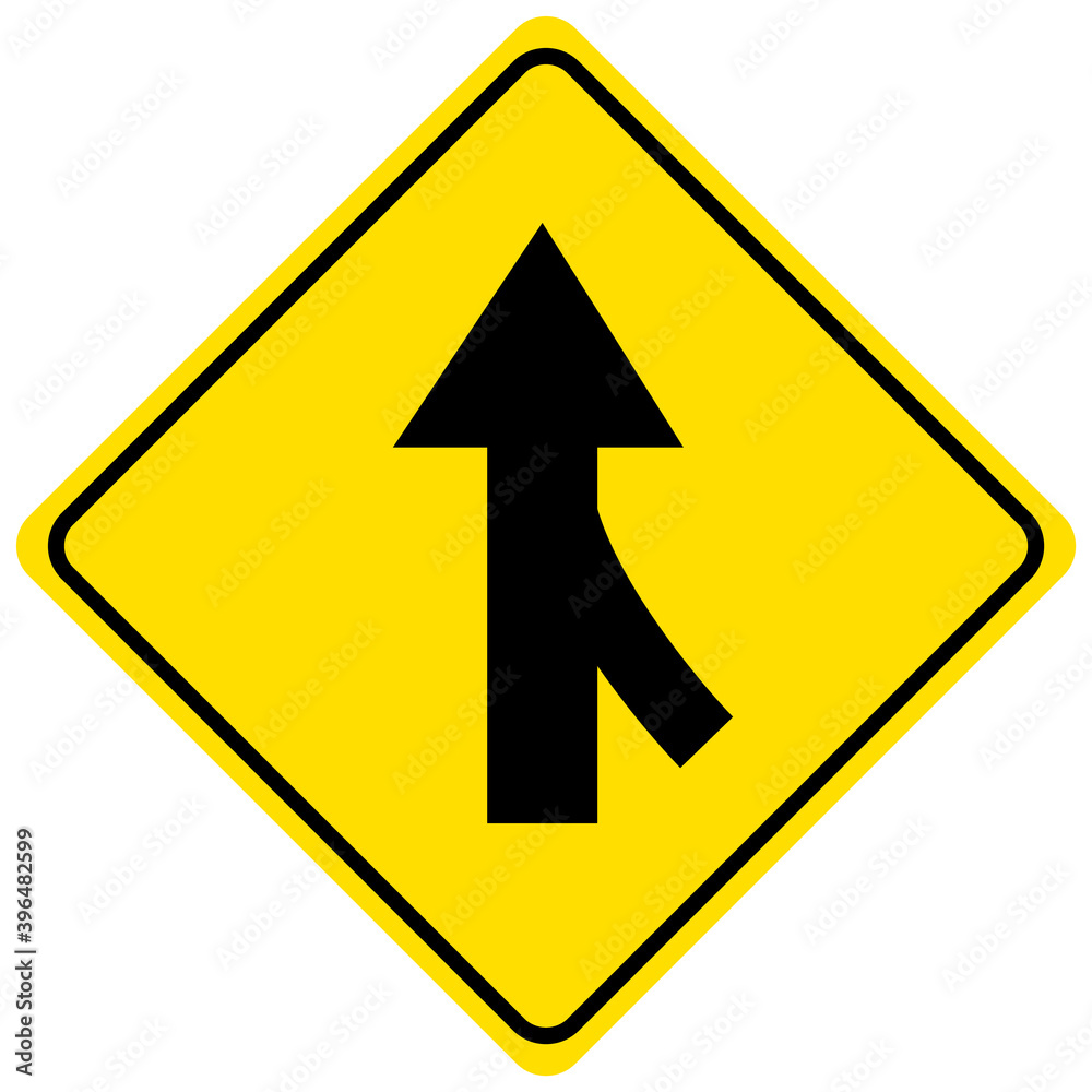 Merging traffic (from right) ahead yellow sign on white background Merging traffic (from right) ahead yellow sign on white background