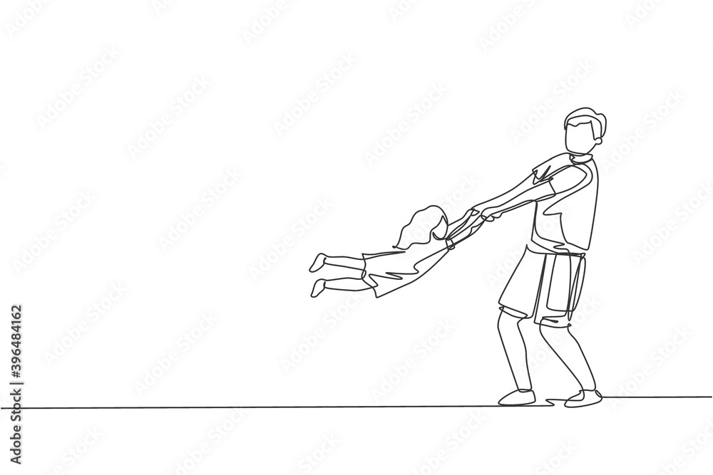 Single continuous line drawing of young dad lifting and turning his daughter around up in the air at home. Happy family parenting concept. Trendy one line draw design vector illustration graphic