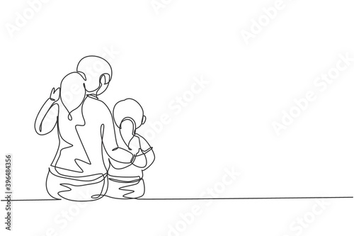 Single continuous line drawing of young mother talking with her daughter about goal and education at home. Happy family parenting concept. Trendy one line draw graphic design vector illustration photo
