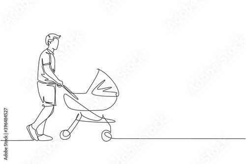 One single line drawing of young happy father pushing baby trolley at outdoor park vector graphic illustration. Parenting education concept. Modern continuous line draw design