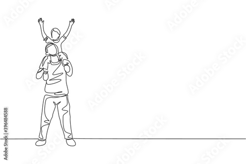 One single line drawing of young happy father playing together and lifting his son on the shoulder vector graphic illustration. Parenting education concept. Modern continuous line draw design