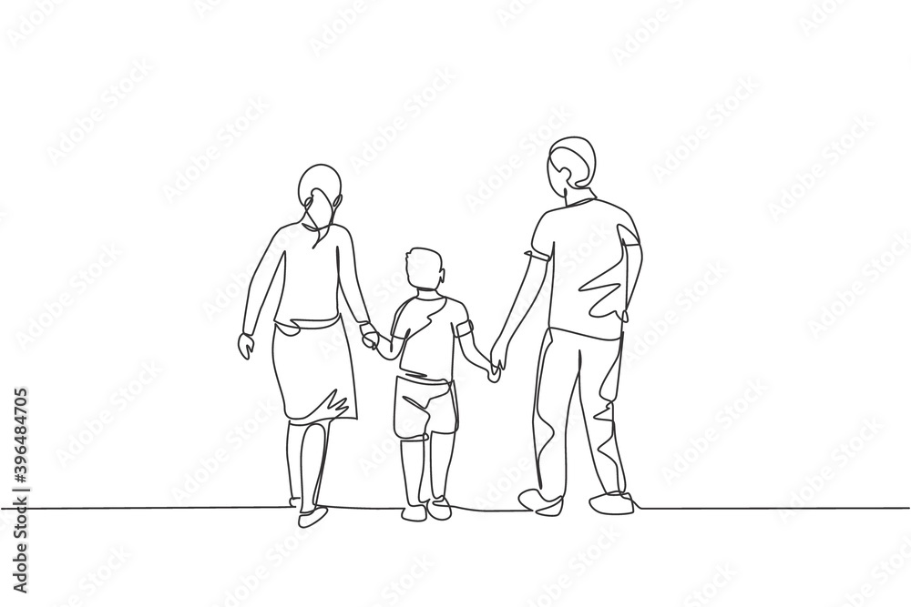 One single line drawing of young happy mother and father lead their son walking together, holding his hands graphic vector illustration. Parenting education concept. Modern continuous line draw design One single line drawing of young happy mother and father lead their son walking together, holding his hands graphic vector illustration. Parenting education concept. Modern continuous line draw design