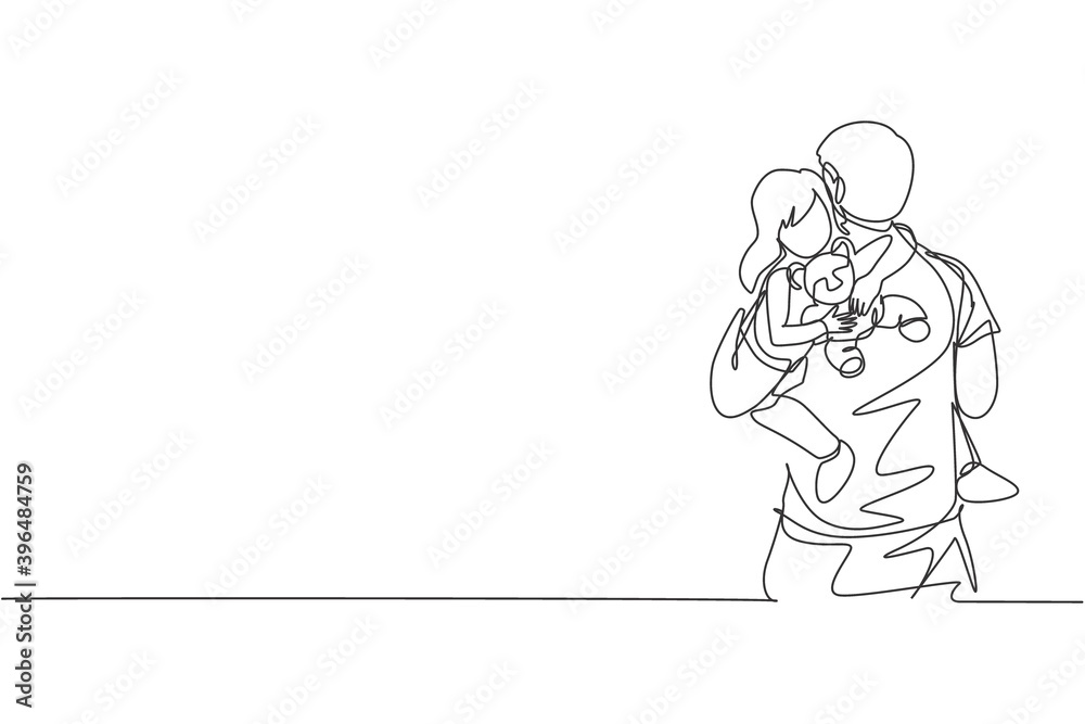 One continuous line drawing young happy father hugging his sleepy daughter while holding baby doll. Happy loving parenting family concept. Dynamic single line draw design vector graphic illustration