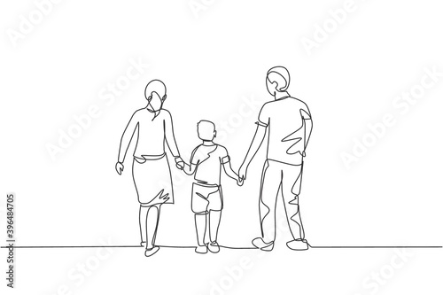 One single line drawing of young happy mother and father lead their son walking together, holding his hands graphic vector illustration. Parenting education concept. Modern continuous line draw design