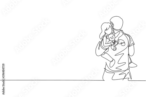 One continuous line drawing young happy father hugging his sleepy daughter while holding baby doll. Happy loving parenting family concept. Dynamic single line draw design vector graphic illustration