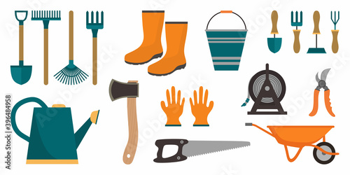 Set of garden tools. Instrument icons for horticulture rake, shovel, watering equipment, scissors, seed, plant, pruner. Collection isolated, white background. Cartoon flat vector illustration