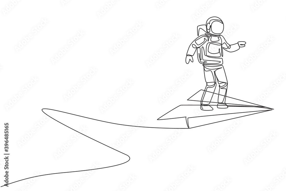 Single continuous line drawing of young astronaut standing steady still at flying paper plane on the sky. Cosmonaut outer space concept. Trendy one line draw graphic design vector illustration