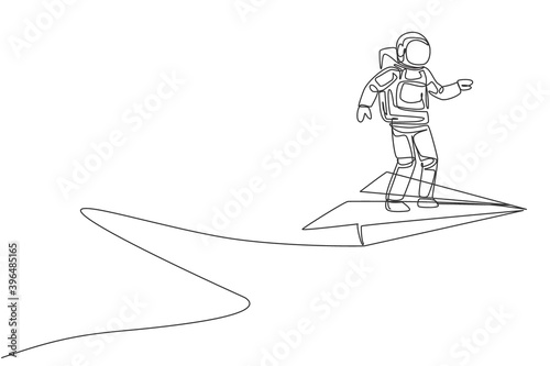 Single continuous line drawing of young astronaut standing steady still at flying paper plane on the sky. Cosmonaut outer space concept. Trendy one line draw graphic design vector illustration