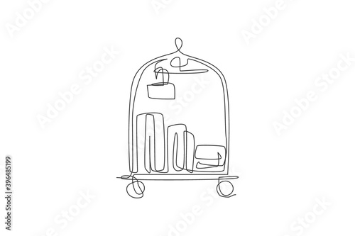 One single line drawing of luggage trolley in hotel vector graphic illustration. Hotel room service concept. Modern continuous line draw design