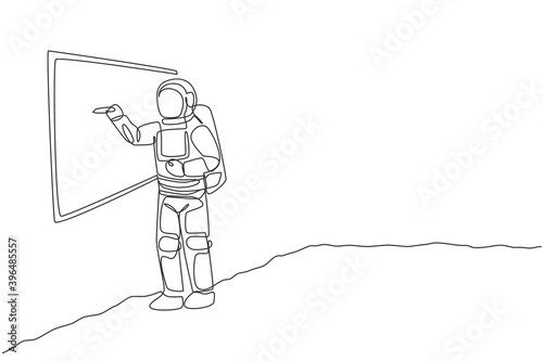 One continuous line drawing of young astronaut explaining formula and writing on whiteboard in moon surface. Cosmic galaxy space concept. Dynamic single line draw graphic design vector illustration