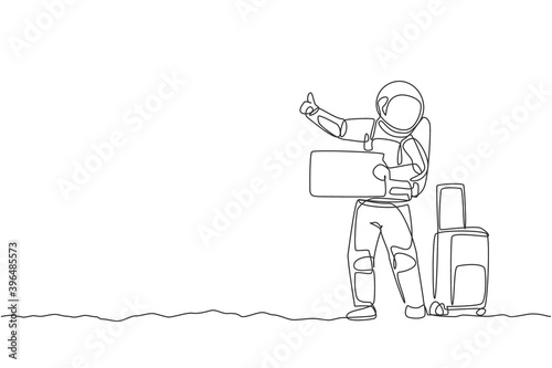 Single continuous line drawing of young astronaut hitchhiker waiting for transport beside the roadway in moon surface. Cosmonaut outer space concept. Trendy one line draw design vector illustration