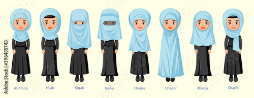 Fototapeta Naklejka Na Ścianę i Meble -  Types of Islamic traditional veils of female in cartoon character