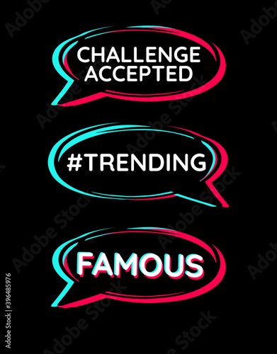 Youth teens party props, cloud, arrow, speech. Modern advertising social media birthday celebration design. Tik icon fashion photo booth. Black blue pink tok sticker black background. Vector graphic.