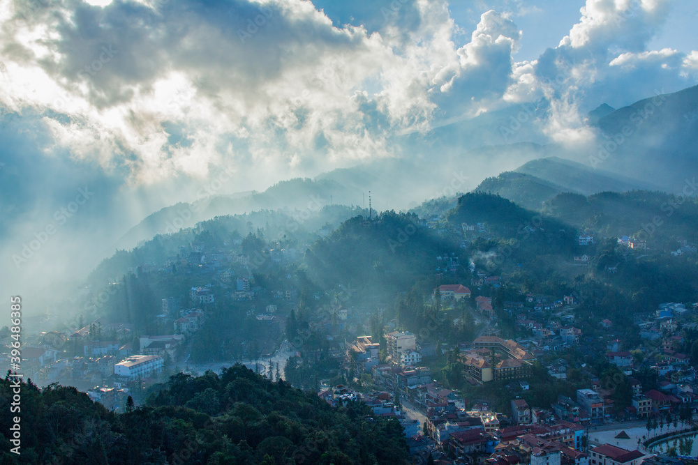 Aerial view the hill town in Sapa city with sunnu light in SAPA, Lao Cai, Vietnam.
