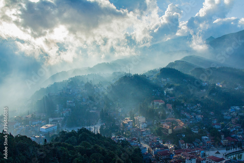 Aerial view the hill town in Sapa city with sunnu light in SAPA, Lao Cai, Vietnam. 