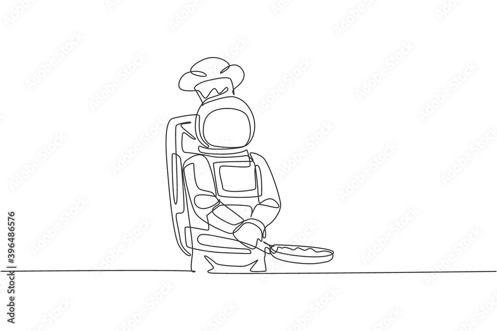 One continuous line drawing astronaut chef frying delicious dish for dinner with pan. Healthy cuisine food menu on space restaurant concept. Dynamic single line draw graphic design vector illustration