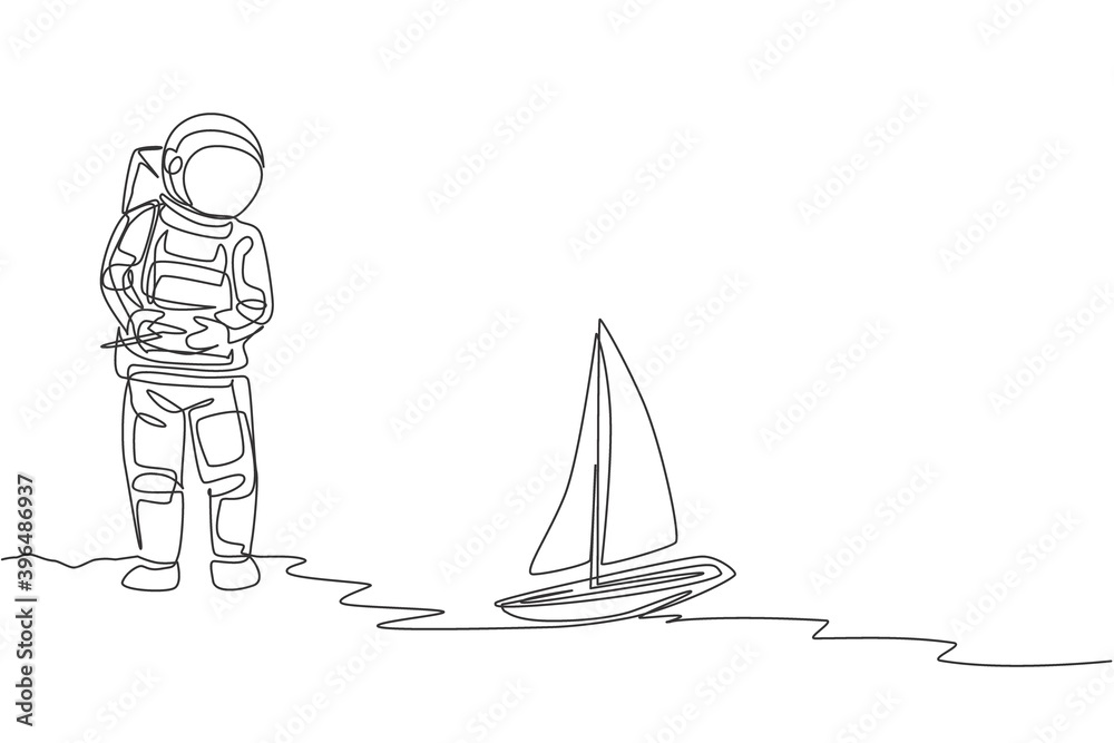 One single line drawing of astronaut playing sailboat radio control in moon land vector graphic illustration. Doing hobby while leisure time in deep space concept. Modern continuous line draw design