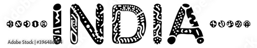 India. Black on white isolate inscription. Curves doodle freaky letters. India for print, clothing, Indian t-shirt, souvenir, booklet, banner, flyer, card, tourist advertising. Stock vector picture.