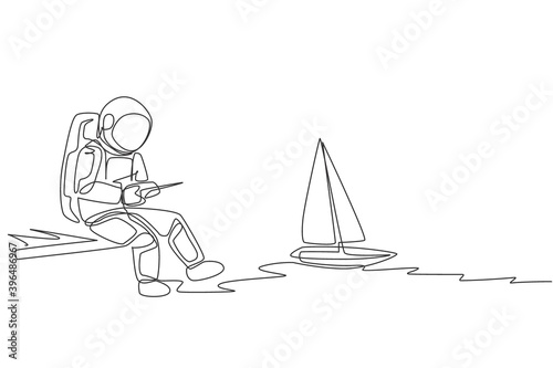 One continuous line drawing of astronaut playing sailboat radio control in moon cosmic galaxy. Outer space hobby and lifestyle concept. Dynamic single line draw graphic design vector illustration