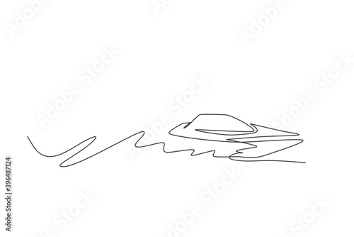 One single line drawing of fast speed boat sailing on the sea graphic vector illustration. Water transportation vehicle concept. Modern continuous line draw design