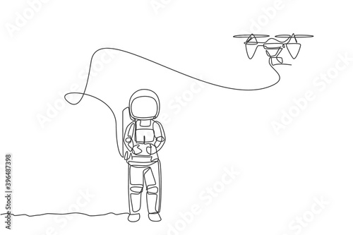 One single line drawing astronaut playing drone plane radio control in moon land graphic vector illustration. Doing hobby while leisure time in deep space concept. Modern continuous line draw design