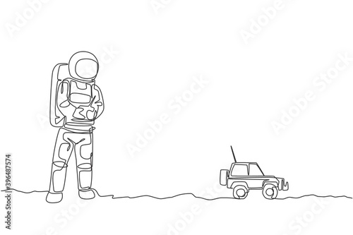 One single line drawing of astronaut playing car radio control in moon land vector graphic illustration. Doing hobby while leisure time in deep space concept. Modern continuous line draw design