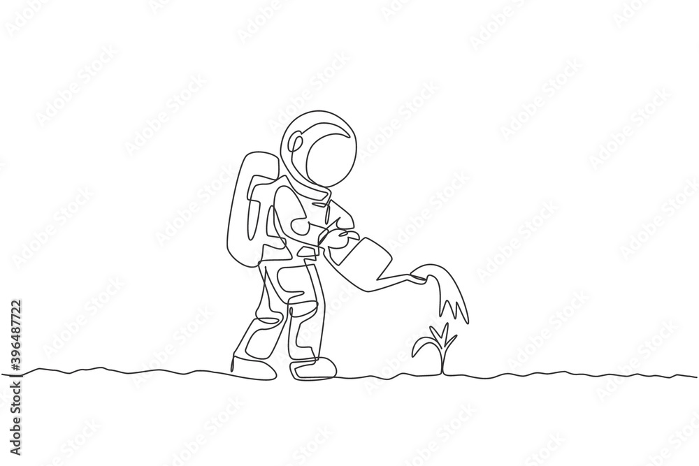 One continuous line drawing of spaceman watering plant tree using metal watering can in moon surface. Deep space farming astronaut concept. Dynamic single line draw graphic design vector illustration