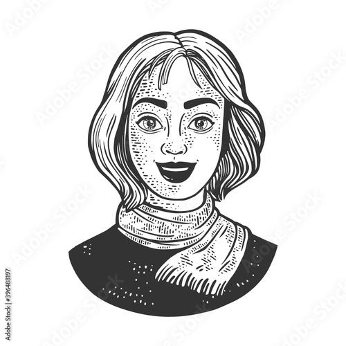 joyful happy young woman girl sketch engraving vector illustration. T-shirt apparel print design. Scratch board imitation. Black and white hand drawn image.