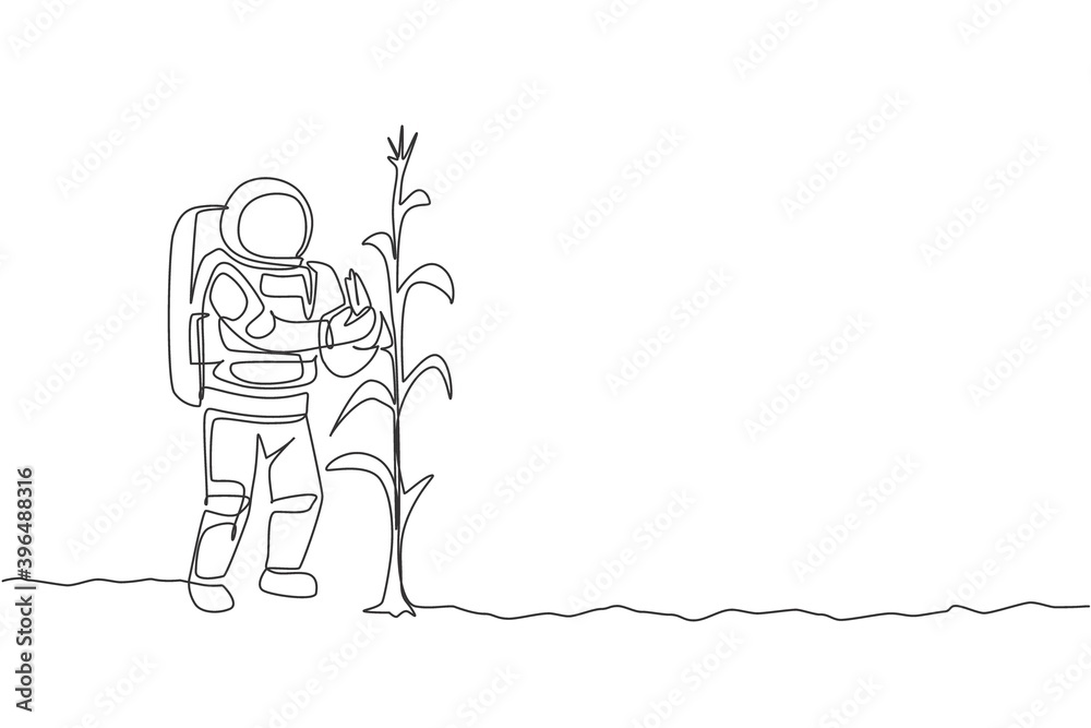 One continuous line drawing of spaceman picking sweet corn from plant in moon surface. Deep space farming astronaut concept. Dynamic single line draw graphic design vector illustration