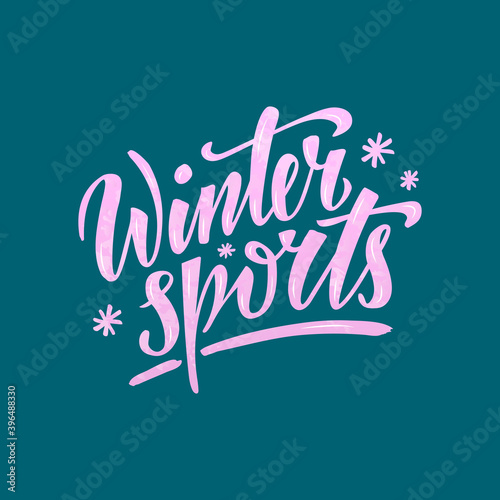 Vector illustration of winter sports lettering for banner, poster, greeting card, shop advertisement, souvenirs design. Handwritten colorful text for web or print
