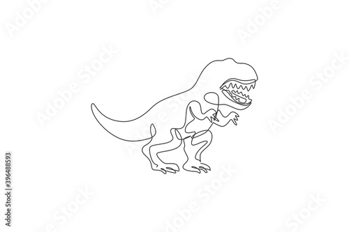 Single continuous line drawing of scary tyrannosaurus rex dinosaurs. Prehistoric museum logo concept. Trendy one line draw design graphic vector illustration
