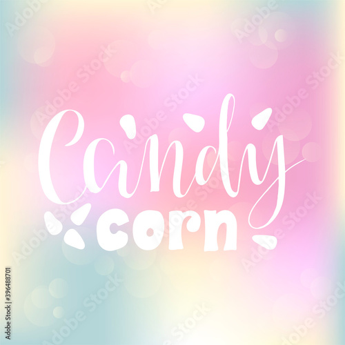Vector illustration of candy corn brush lettering for banner, flyer, poster, clothes, confectionary or patisserie logo, advertisement design. Handwritten text for template, signage, billboard, print. 