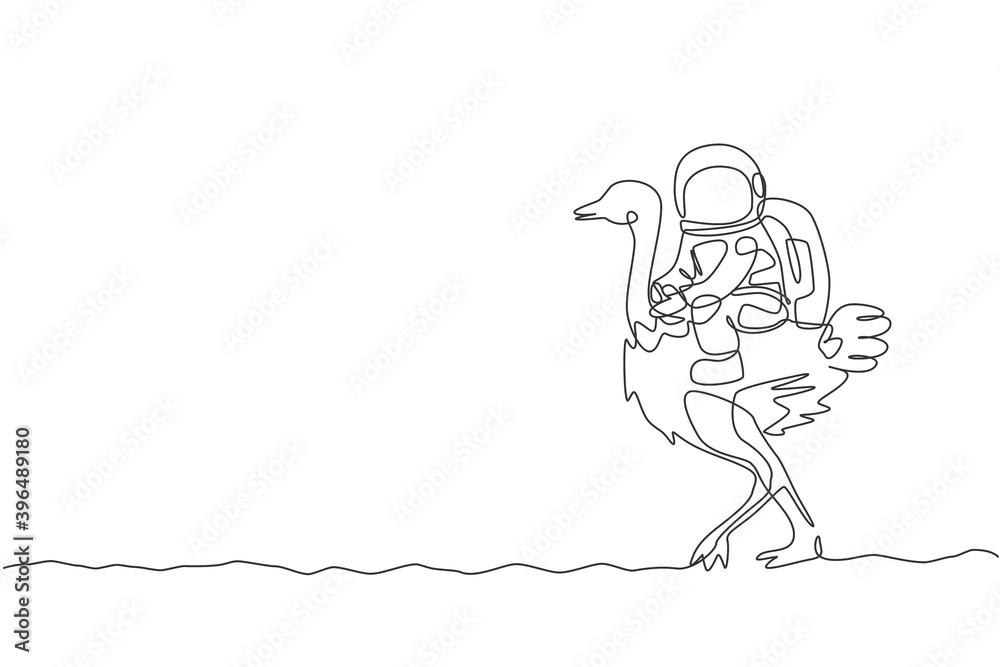Fototapeta premium Single continuous line drawing of cosmonaut with spacesuit riding ostrich, big bird animal in moon surface. Fantasy astronaut safari journey concept. Trendy one line draw design vector illustration