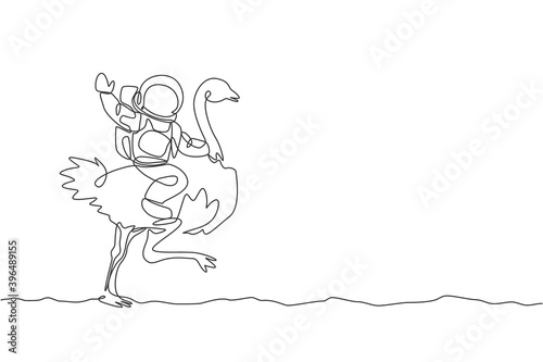 One continuous line drawing of spaceman take a walk riding an ostrich, fastest animal in moon surface. Deep space safari journey concept. Dynamic single line draw design graphic vector illustration