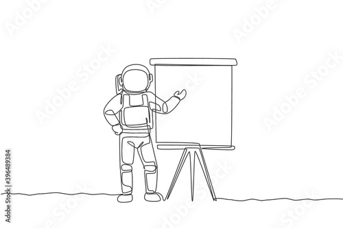 Single continuous line drawing of astronaut giving business presentation in company meeting. Business office with galaxy outer space concept. Trendy one line draw design vector illustration graphic