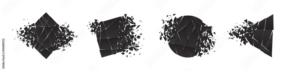 Shape shattered and explodes flat style design vector illustration set isolated on white background. Square rhombus, circle, triangle, square shapes in grayscale gradient exploding.