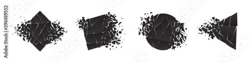 Shape shattered and explodes flat style design vector illustration set isolated on white background. Square rhombus, circle, triangle, square shapes in grayscale gradient exploding.