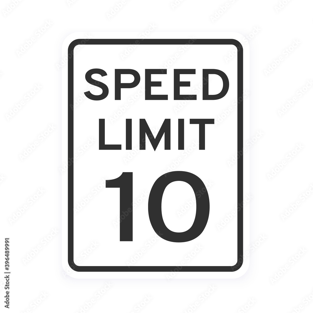 Speed limit 10 road traffic icon sign flat style design vector illustration isolated on white background. Vertical standard road sign with text and number 10.