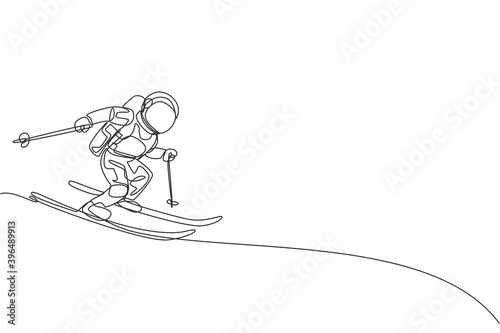 One continuous line drawing of astronaut skiing in deep space galaxy. Spaceman healthy fitness sport concept. Dynamic single line draw design vector graphic illustration