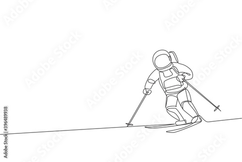 Single continuous line drawing of astronaut exercise skiing on moon surface, outer deep space. Space astronomy galaxy sport concept. Trendy one line draw graphic design vector illustration