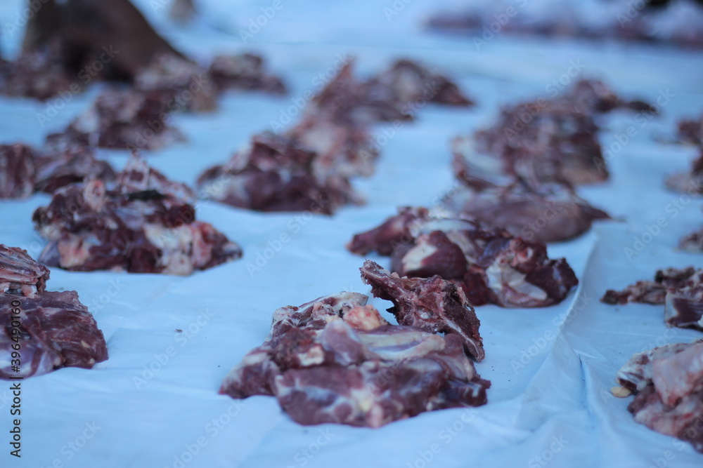 Sacrificial meat that has been chopped and weighed. Ready to be distributed and donated to people in need. Sacrificial meat that has been chopped and weighed. Ready to be distributed and donated to people in need.