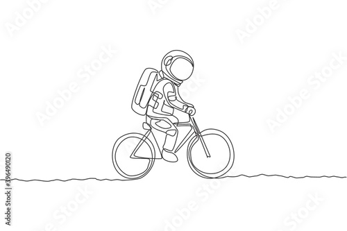One single line drawing of spaceman astronaut riding bicycle on moon surface, cosmic galaxy vector illustration. Healthy space cosmonaut lifestyle sport concept. Modern continuous line draw design