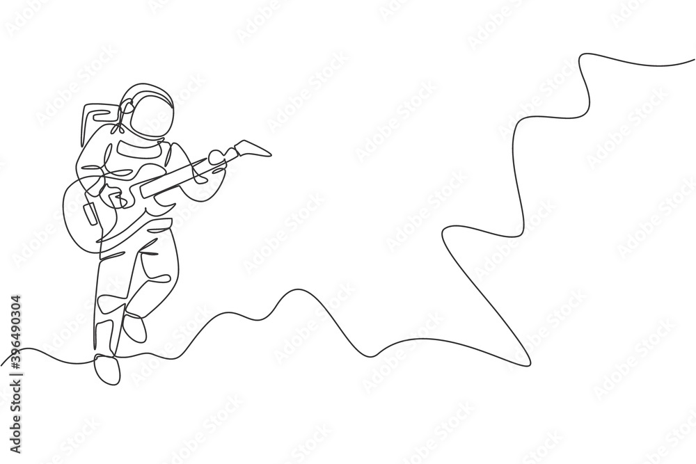 Single continuous line drawing of astronaut playing electric guitar musical instrument in cosmic galaxy. Outer space music concert concept. Trendy one line draw design graphic vector illustration