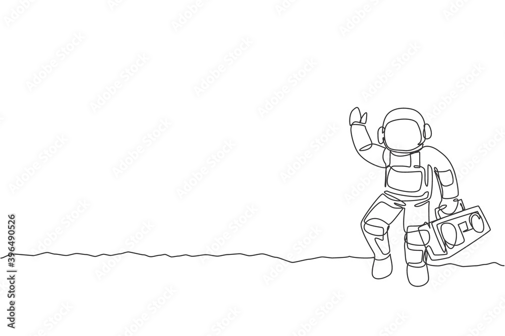 Single continuous line drawing of astronaut walking and holding retro radio with hand on moon surface. Outer space music concert concept. Trendy one line draw graphic design vector illustration