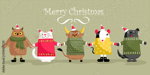 funny Christmas animals. vector image of animals in winter clothes. Merry Christmas