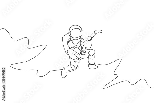 One continuous line drawing of astronaut with spacesuit playing acoustic guitar in galaxy universe. Outer space music concert  concept. Dynamic single line draw design vector illustration graphic