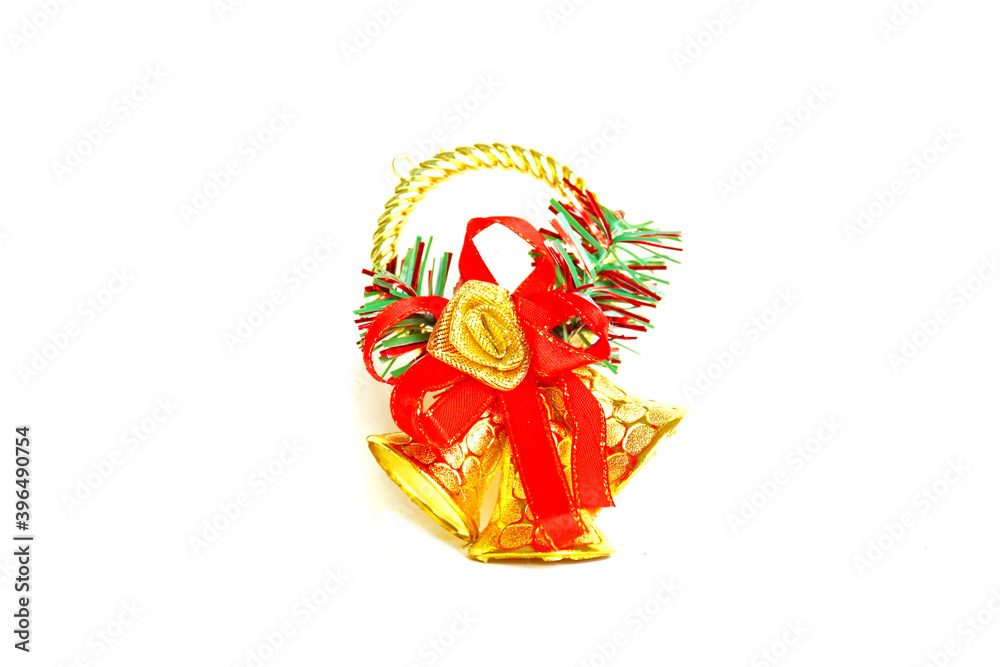 doubble golden bells wiht red ribbon Christmas accessory isolate on white